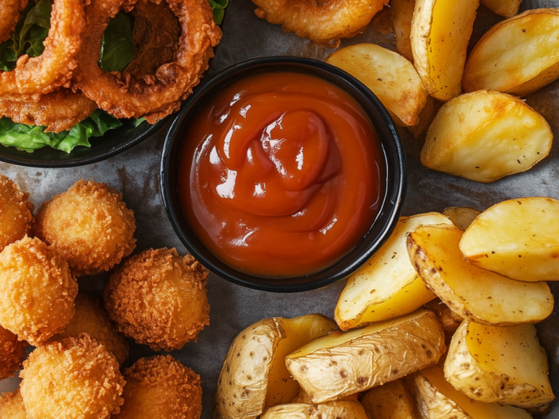 Assortimento di fritti misti surgelati Sword con anelli di cipolla, crocchette di patate e patate a spicchio dorate, serviti su carta da forno, ideali per ristorazione, catering e aperitivi.
