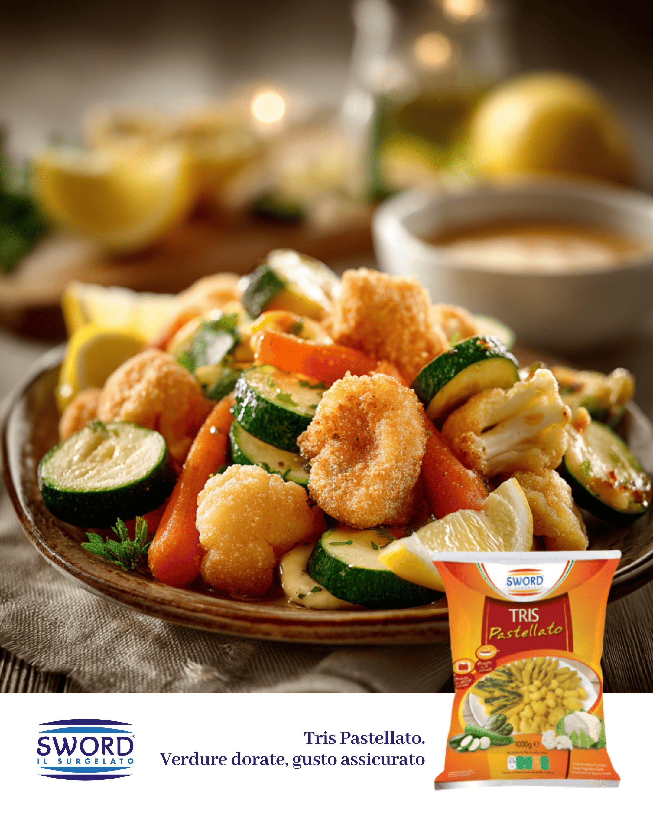 Scopri il Tris Pastellato Sword: zucchine, carote e cavolfiori in pastella leggera, croccanti e pronti in pochi minuti. Perfetti come antipasto o contorno veloce.