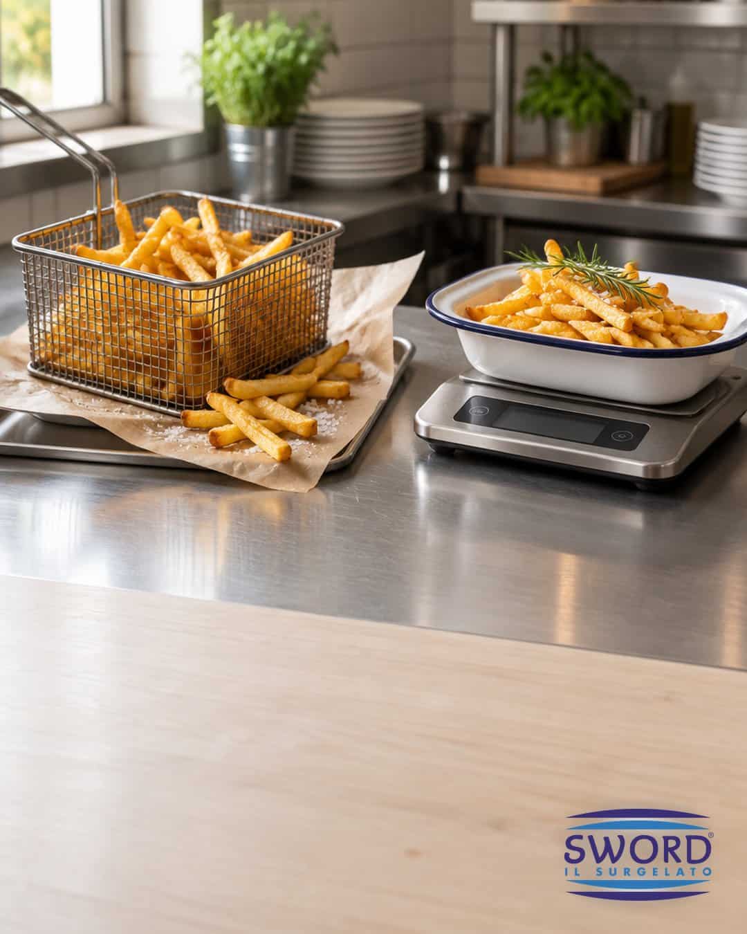 Patatine fritte surgelate al ristorante: porzione pesata sulla bilancia accanto al cestello della friggitrice